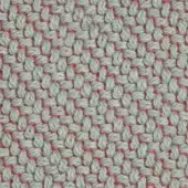 Light blue woven fabric with coral red threads, exhibiting a dense grid pattern and square shapes; Kvadrat Coda TKC03 textile sample.