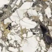 White and gold veined texture with fractured mosaic pattern, black stone inclusions, swirling organic shapes, metallic sheen, and porous surface.