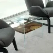 Superior Horm Bifronte side table crafted with a light brown wood shelf within a clear glass structure
