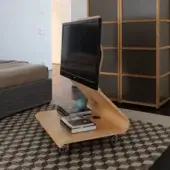 Exceptional Horm Cobra TV stand crafted with curved plywood in a light-toned wood finish with polished surfaces and integrated mood lighting
