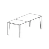 Extension dining table, wood tone, rectangular tabletop with inset leaf; minimalist design featuring four tapered legs against a white backdrop.