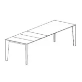 Extendable dining table line drawing, wood tone, tapered legs, central support, rectangular tabletop with two leaf sections, minimalist design.
