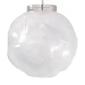 Pendant light, crystal glass, spherical shade with textured facets and silver metal collar, modern sculptural design.