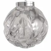 Crystal orb, clear glass, faceted with angular cuts and silver metal band; studio product shot on white background.