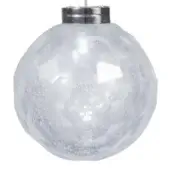 Crystal ornament, clear faceted glass with silver cap, spherical shape contains white glitter, studio product shot, glossy reflective finish.
