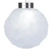 Pendant light, faceted crystal effect, spherical shade with silver metal collar, suspended from thin cord, white and gray tones.