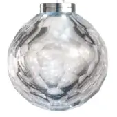 Crystal pendant light, transparent faceted sphere, silver metal cap, internally illuminated, geometric planes, shimmering reflective surface.