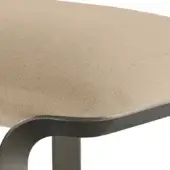Chair seat, beige upholstered cushion, rectangular shape with dark gray metal frame and curved minimalist leg structure.