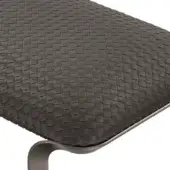 Woven seat cover, dark brown leatherette, tight grid pattern with bound edges and brushed gray metal frame detailing.
