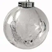 Crystal sphere pendant light with air bubbles, chrome cap, and recessed oval metal details, studio shot.