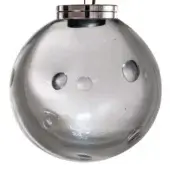 Crystal pendant light, transparent sphere with air bubbles, silver metal collar, slender cable, circular mounting plate.