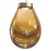 Amber crystal pendant light, brass collar, teardrop shade with cutouts, silver cord, frosted glass, white background.