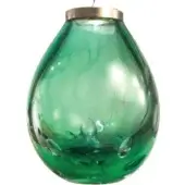 Green crystal pendant light, brass collar, teardrop shade with textured glass and air bubbles, hand-blown appearance, white background.
