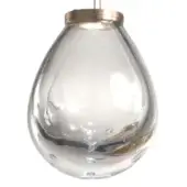 Crystal pendant light, clear glass, teardrop shape with brass fitting and suspension rod, studio product shot.