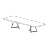 Rectangular table with light stone tabletop and dark gray triangular metal bases, featuring angled supports and a minimalist design.