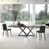 Exceptional Bontempi Millennium table with a geometrically shaped dark gray metal base and medium-tone brown wood tabletop crafted with a smooth finish