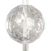 Lead crystal sphere pendant light, clear faceted glass, chrome stem, handmade polished finish, organic inclusions, round irregular shape.