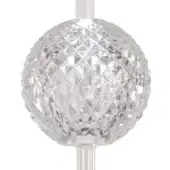 Crystal pendant light, clear lead crystal, spherical diamond-cut design with cylindrical stem for suspended installation.