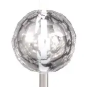 Lead crystal sphere, faceted and polished, mounted on a metal stem, reflecting light with complex refractions and shadowed surfaces.