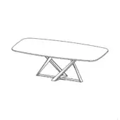 Dining table with white rectangular top and dark wood triangular beam base, minimalist modern design, product rendering.