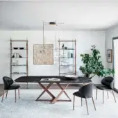 Elegant Bontempi Millennium Barrel table with a dark marbled tabletop and intersecting bronze-tone metal base crafted in Italy