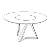 Round table with white inset, minimalist design, featuring angled legs forming an X-shaped base and lazy susan functionality.