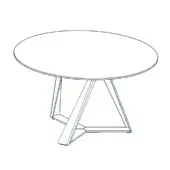Round table with white matte tabletop and green metal base featuring three angled legs in a triangular structure against a white backdrop.