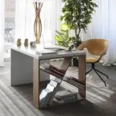 Exceptional Horm J-Table desk with white laminate and solid wood bookcase leg in smooth finish