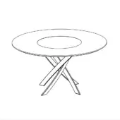 Round dining table with glass top and oval cutout, featuring intersecting wood legs in a crisscross pattern, natural wood finish.