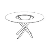 Round glass bar table with transparent lazy susan, dark metal frame, and light wood triangular beam base.