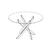 Round glass table with intersecting light wood legs and metal connectors, studio shot on white background.