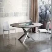 Harmonious Bontempi Barone table with a round dark brown wooden top and contrasting white and dark gray arched base