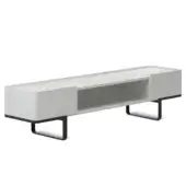 White media console with matte finish, recessed center section, two drawers, and angled black metal legs against a white backdrop.