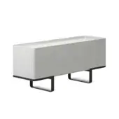 Console table, light gray finish, rectangular form with recessed panel and two cabinet doors, supported by black metal U-shaped legs.