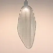 Pendant light, matte nickel finish, organic elongated form with vertical metal rods emitting diffused light from a central source.