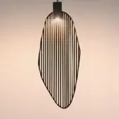 Pendant light, matte black nickel, elongated oval shape with vertical rods creating a cage-like structure and bright internal glow.