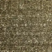 Olive green tweed fabric texture with cream and brown threads, tight irregular weave, matte finish, and fabric identification text.