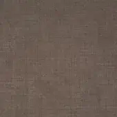 Fabric sample, brownish-gray linen texture, dense weave with subtle tonal variations and printed brand text at the bottom edge.