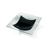 Superior Reflex Vela coffee table with curved black glass element and polished square glass top crafted in Italy with a glossy lacquered finish