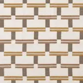 Geometric fabric pattern with interlocking off-white, brown, and gray rectangles accented by thin gold horizontal threads and a woven texture.