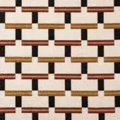 Geometric fabric pattern with cream, black, brown, and gold rectangular blocks; textured weave suitable for upholstery, labeled “aplomb 71406 – 002”.
