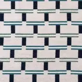 Geometric textile pattern with staggered navy, teal, and beige rectangular blocks on a light beige woven background, matte finish.