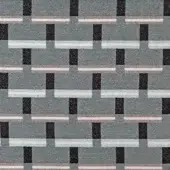 Geometric textile pattern in muted gray, light blue, beige, and dark gray, featuring interlocking rectangular blocks in a grid arrangement.