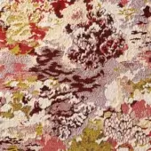 Woven fabric, abstract pattern in deep red, muted green, and off-white, featuring swirling organic shapes and a granular texture.