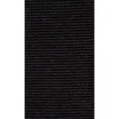 Black grosgrain ribbon with a horizontal ribbed texture, dense weave, and straight edges against a neutral gray background.