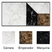 Marble tabletop with Carrara, Marquina, and Emperador sections, displaying white, dark gray, and brown veining, above matching square marble samples.