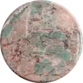 Amazonite stone tabletop, turquoise green with pink and beige veining, polished circular shape, studio product shot.