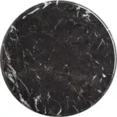 Black marquinia stone slab with white veining, circular polished surface and smooth finished edges against a white backdrop.