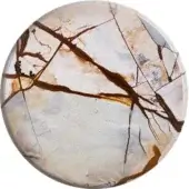 Stone cabochon, creamy white with brown veins, circular polished surface displaying blue-gray hues and geological fracture patterns.
