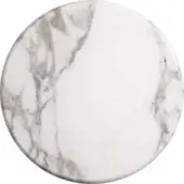 Calacatta Golden Vagli Opaco stone tabletop, circular shape, white base with grey and gold veining, matte polished edge.